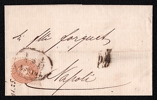1868 (17 Jul) Letter sheet from Triest (Austria, now Italy) to Napoli (Italy), franked by 15kr (Austria), canceled Triest postmark. Black cachet "P.D." (Paid to Destination). Green oval forwarding agent cachet "MORPURGO & PARENTE / TRIESTE". Arrive in Napoli July 19, 1868
