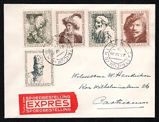 1956 (23 March) Kingdom of the Netherlands 'Details of Etchings by Rembrandt van Rijn', Express Delivery Cover to Castricum (Netherlands) multiple franked with 73c (Scott B291 - B295)