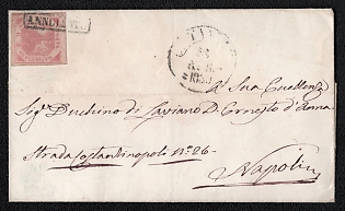1859 (Apr) Letter sheet from Kingdom of Two Sicilies to Napoli (Naples, Italy), franked by 2Gr (Naples, Italy), canceled black framed "ANNULLATO" postmark. Arrive in Napoli April 22, 1859