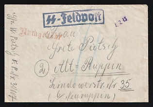 1945 (1 Feb) Third Reich, Germany, SS Military Mail Field Post Feldpost Stampless free tariff Cover to Alt Ruppin near Neuruppin, Field post number 'F.P.Nr. 30107', with rectangular blue handstamp 'SS-Feldpost', red handstamp 'Additional charge', handstamped registration marking '2', blue crayon postal marking