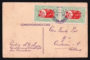 1937 Spanish Republic, Correspondence Card from Alhambra to Holland (Netherland) franked with non-postal 'San Francisco' MGM movie stamps