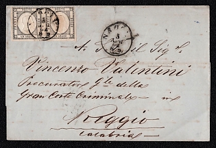 1862 (3 Apr) Letter sheet from Napoli (Italy) to Reggio (Italy), franked by pair 1Gr (Italy, Neapolitan Provinces), canсeled Napoli postmark. Transit postmark on reverse April 23, 1861 unreadable. No arrival postmark