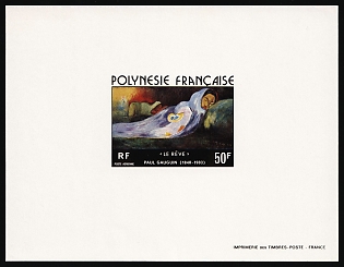 1976 50fr 'Dream' by Paul Gauguin, French Polynesia, Airmail, Epreuve de Luxe, Deluxe Proof Sheetlet