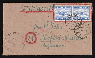 1944 (16 Mar) Third Reich, Germany, Military Airmail Field Post Feldpost Cover from Litomerice (Czech Republic) to Herford, franked with pair Airmail stamps, with postmark 'Litomerice. Subsequently invalidated', violet round Official seal 'Office Field post number 24959 A', handstamped registration marking '21', red crayon postal marking
