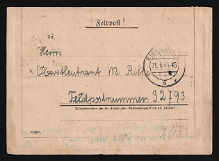 1944 (31 May) Third Reich, Germany, Military Mail Field Post Feldpost Stampless free tariff Fieldpostcard from Eisenach, Field post number '32793'