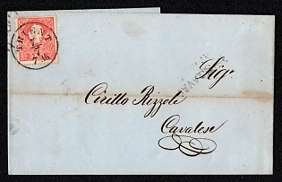 1859 (7 Jul) Letter sheet from Trient (Austria, now Italy) to Cavalese (Austria, now Italy), franked by 5kr (Austria), canceled by Trient postmark. Arrived in Cavalese, straight-line datestamp on reverse
