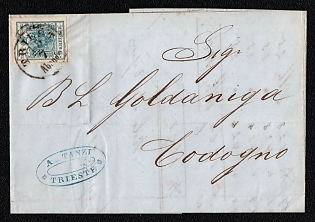 1856 (15 Jul) Letter sheet from Triest (Austria, now Italy) to Codogno (Lombardy-Venetia), franked by 9kr (Austria), canceled by Triest postmark. Blue oval forwarding agent cachet  "A. TANZI / TRIESTE". Arrived in Codogno July 18, 1856