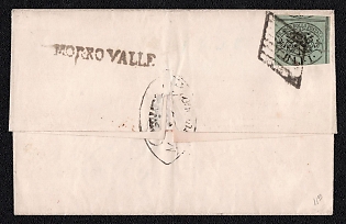 1856 (5 Sep) Letter sheet from Morrovalle (Papal States, Italy) to Macerata (Papal States, Italy), franked by 1b (Papal States, Italy), canceled by black diamond grid cancellation, black oval sender cachet "Comune di Morrovalle", Morrovalle straight-line postmark and straight-line datestamp. Handwritten "I" or additional payment or indicated on the registered. No arrival postmark