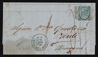 1867 (28 Mar) Letter sheet from Livorno (Italy) to Veroli (Italy), franked by 20c (Italy), black dotted numeral cancellation, blue oval sender cachet "FRATELLI CORRADINI / LIVORNO", pink rectangular perforated sender advertising label "FRATELLI CORRADINI / Livorno" on reverse. Arrive in Veroli March 30, 1867