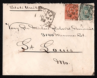 1895 (18 Oct) International cover from Roma (Italy) to St. Louis (United States), franked by 5c nd 20c (Italy), canceled by Roma postmark. Arrive in St. Louis November 29, 1895
