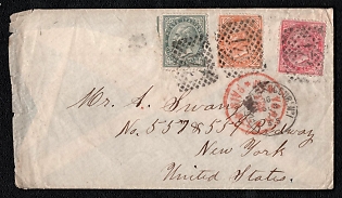 1873 International cover from Italy to New York (USA), franked by 5c ,10c and 40c (Italy) , black dotted numeral "174" cancellations, red framed "NEW YORK / PAID / ALL" transit stamp. Arrive in New York unreadable postmark