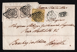 1864 (29 Oct) International cover from Roma (Papal States, Italy) to Marseille (France), franked by 4b and pair 8b (Papal States, Italy), black diamond grid cancellations, black boxed "PD" (Paid to destination) cachet, handwritten route "France Voie de Mer"  translates as "France by Sea". Arrive in Marseille November 1, 1864