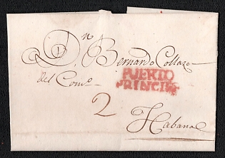 1830 Pre-philatelic stampless letter sheet from Puerto Principe (Cuba) to Habana (Cuba), payment postmark handwritten rate "2", red "PUERTO PRINCIPE" postmark. No arrival postmark