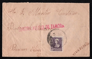1939 (13 Jan) International censored cover from Zamora (Spain) to Buenos Aires (Argentina), franked by 40c (Spain), canceled black circular Zamora postmark, pink linear military censor "CENSURA MILITAR DE ZAMORA" handstamp on front and reverse. No arrival postmark
