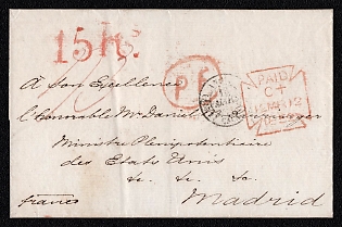 1852 (12 Mar) International pre-philatelic stampless letter sheet from London (Great Britain) to Madrid (Spain), red Maltese cross shape "PAID C+ 12MR12 1852" London postmark, payment postmark red oval "PF" (Postage to the Frontier) handstamp, handwritten note "franco", red cachet rate "15 Rs.", handwritten rate possibly "43". Black circular transit "CALAIS" postmark March 13, 1852. Arrive in Madrid March 18, 1852