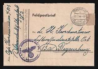 1944 (2 Feb) Third Reich, Germany, Military Mail Field Post Feldpost Stampless free tariff Fieldpostcard from Brzeziny to Air Force postal service East in Regensburg, via Litzmannstadt Ghetto, with violet round Official seal '4th Company, Landesschutzen Battalion 884433, Letter Cancel'