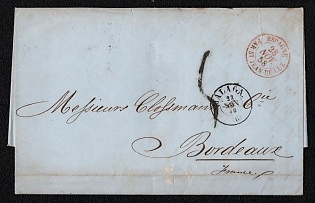 1858 (23 Nov) International pre-philatelic stampless letter sheet from Malaga (Spain) to Bordeaux (France), payment postmark handwritten rate "5", red circular French entry "ESPAGNE PAR ST. JEAN-DE-LUZ 28 NOV 58" postmark. Via Bayonne T.P.O. November 29, 1858. Arrive in Bordeaux November 29, 1858