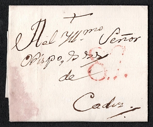 1798 Pre-philatelic registered stampless letter sheet from Spain to Cadiz (Spain), payment postmark red cachet rate "8.9.", handwritten registered designation "+". No arrival postmark