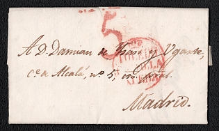 1832 Pre-philatelic stampless letter sheet from Toledo (Spain) to Madrid (Spain), payment postmark red cachet rate "5". Red circular "TOLEDO" with crown postmark. No arrival postmark