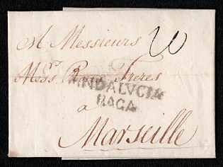 1785 International pre-philatelic stampless letter sheet from Andalucia (Spain) to Marseille (France), payment postmark black handwritten rate possibly "20", black 2-line "ANDALVCIA / BAGA" postmark. No arrival postmark