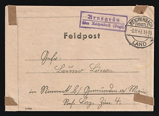 1943 (3 Nov) Third Reich, Germany, Military Mail Field Post Feldpost Stampless free tariff Fieldpostcard from Arnsgrun to Reserve Military Hospital in Rieneck, via Reichenbach im Vogtland, with violet handstamp in frame 'Arnsgrun via Reichenbach im Vogtland'
