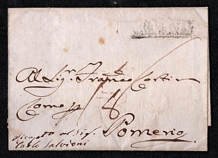 1808 Pre-philatelic stampless letter sheet from Cremona (Italy) to Pomerio (Italy), payment postmark black handwritten rate "18", black linear "CREMONA" postmark. Via Como December 14, 1808. No arrival postmark