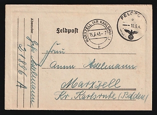 1943 (10 Jun) Third Reich, Germany, Military Mail Field Post Feldpost Stampless free tariff Fieldpostcard to Marxzell, Karlsruhe district, Baden region, Field post number '21896 A', with Official seal in back side