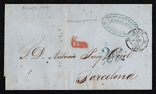 1853 International pre-philatelic stampless letter sheet from Cienfuegos (Cuba) to Barcelona (Spain), payment postmark red cachet rate "6rs", blue cachet rate "2rs", Via Paris June 28, 1853, green oval forwarder cachet "MAISON DE COMMISSION / LESER JEUNE / RUE DE L'ECHIQUIER PARIS". Arrive in Barcelona July 2, 1853
