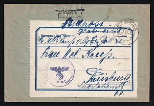 1943 (1 Feb) Third Reich, Germany, Military Mail Field Post Feldpost Stampless free tariff Cover from 1st Reserve Company 6th Aviation Division Luftwaffe in Quakenbruck to Duisburg, with violet round Official seal '1st Reserve Company of the Aviation Battalion. Letter Cancel'