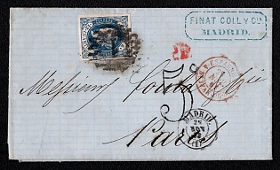 1863 (26 Nov) international cover from Madrid (Spain) to Paris (France), franked by 12Cs blue (Spain), canceled by black grid numeral "1" postmark, payment postmark red cachet P.D. (Paid to destination), large black cachet rate "5c". Blue boxed forwarding agent cachet "FINAT COLLY C_A / MADRID". Via Irin November 27, 1863. Red circular French entry "ESPAGNE ST. JEAN-DE-LUZ 29 NOV" postmark. Arrive in Paris November 29, 1863