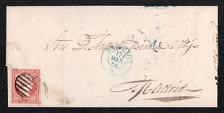 1856 (17 Mar) Letter sheet from Badajoz (Spain) to Madrid (Spain), franked by 4Cs (Spain), canceled by black oval grid postmark. Arrive in Madrid March 20, 1856