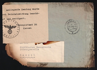 1941 (8 Sep) Third Reich, Germany, Damaged Mail, Stampless free tariff Cover locally addressed in Kassel, with special explanatory paper tape with text 'The enclosed shipment was damaged and delayed due to enemy action. Railway Post Office 26, Kassel', with Official seal 'Railway Post Office 26, Kassel', handwritten notes 'Air raid on the night of September 8th to 9th, 1941' on back side