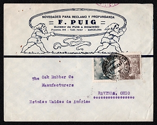 1947 (10 May) International cover from Barcelona (Spain) to Ravenna (USA), franked by 50c and 2pta (Spain), canceled by Barcelona postmark, black hexagonal Barcelona postmark on reverse. No arrival postmark