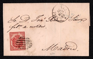 1855 (16 Mar) Letter sheet from Valladolid (Spain) to Madrid (Spain), franked by 4Cs (Spain), canceled by black oval grid postmark. Arrive in Madrid March 18, 1855