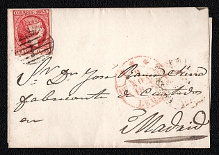 1853 (9 Nov) Letter sheet from Leon (Spain) to Madrid (Spain), franked by 6Cs (Spain), canceled by black oval grid postmark. Arrive in Madrid November 11, 1853