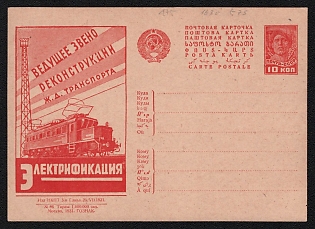 1931 'The Leading Link of Reconstruction of Railway Transport Is Electrification' Soviet Union Advertising and Propaganda Postcard
