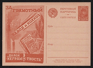 1930 'For a Literate Factory and Collective Farm — 'Down with Illiteracy' Society' Soviet Union Advertising and Propaganda Postcard