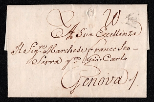 1786 Pre-philatelic stampless international letter sheet from Paris (France) to Genova (Italy), payment postmark handwritten rate "20", black triangle postmark with "P" (Paid). No arrival postmark