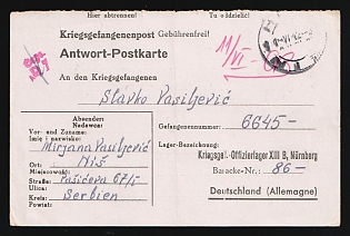 1942 (11 Jun) Third Reich, Germany, Prisoner of War Military Mail, Censored Stampless free tariff Postcard with answer from Nis (Serbia) to War Prisoner Officers Camp XIII B, Nuremberg, prisoner's camp number '6645', barracks № '86', with pink censorship official seal 'Checked', pink crayon postal marking