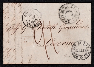 1848 (29 Jun) Pre-philatelic stampless international letter sheet from Smyrne (Turkey) French P.O. to Livorno (Italy), payment postmark handwritten rate "21". Black double-circle "PURIFIE AU LAZARET / MALTE" (Purified at the Malta infirmary) disinfection postmark, knife-slit disinfection marks, double-circle "LIVORNO / VIA DI MARE" maritime entry postmark. Arrive in Livorno August 10, 1848