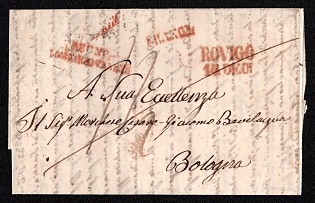 1841 (14 Dec) Pre-philatelic international registered stampless letter sheet from Rovigo (Kingdom of Lombardy–Venetia, Austria) to Bologna (Italy), payment postmark handwritten rate probably "14". Red two-line "REG № / LOMBARDO VENETO" origin registered cancel. Via Milano, red "MILANO" cachet. Arrive in Bologna December 15, 1841