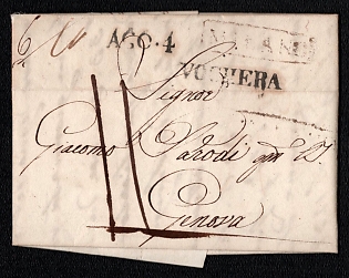 1822 (4 Aug) Pre-philatelic stampless international letter sheet from Milano (Kingdom of Lombardy–Venetia, Austria) to Genova (Italy), payment postmark handwritten rate "11", black boxed "MILANO" postmark, black "AGO.4" date cachet. Via Voghera, straight-line "VOGHERA" transit postmark. Arrive in Genova August 5, 1822