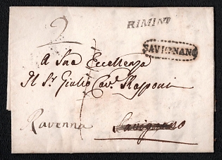 1821 Pre-philatelic stampless letter sheet from Rimini (Italy) to Savignano (Italy), forwarded to Ravenna (Italy), payment postmark handwritten rate "2", straight-line "RIMINI" postmark, dotted oval "SAVIGNANO" receiving postmark. Arrive in Ravenna unreadable postmsrk on reverse