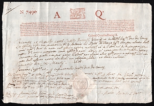 1616 (10 Mar) Pre-philatelic stampless letter sheet from Venice to Crema, red printed Venetian fiscal stamp with Lion of Saint Mark and large letters "A" and "Q", printed legislative text from 1608, handwritten administrative serial number "N 7490", signed by Gabriel Coradin Dacio II, paper-covered wax seal on reverse.