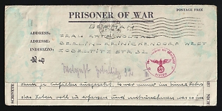 1944 (24 Apr) Prisoner of War Military Mail, Censored Stampless free tariff Cover from Prisoner of War Camp, Fort Devens (USA) to Berlin (Germany), via New York (USA), with roller cancellation, blue crayon postal marking, red censorship official seal 'Wehrmacht High Command. Checked', postal marking '11595 U.S. censor'