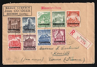 1941 (4 Mar) Luxembourg, German Occupation, Germany, Censored Registered Cover from Eischen to Rouille (Vienne department, France), via Luxembourg, franked with a complete set of 3pf-40pf, with company handstamp 'Radio Service. Jean Cordier. Eischen (Luxembourg)', red and white registration label '№578', red handstamped registration marking, with censorship tape and blue censorship official seal 'Wehrmacht High Command. Checked' on the back side