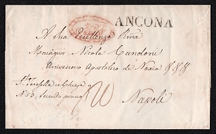 1842 Pre-philatelic stampless letter sheet from Ancona (Italy) to Naples (Italy), payment postmark handwritten rate "20",  handwritten "10" on reverse. black straight-line "ANCONA" postmark, red oval administrative or clerical origin cachet on front. Arrive in Naples February 16, 1842