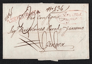 1833 Pre-philatelic stampless international registered letter sheet from Ancona (Italy) to Genova (Italy), payment postmark handwritten rate "66" on front, "30" and crossed out "33" on reverse, orange-red oval "ANCONA / unreadable" postmark, orange-red straight-line "ASSICURATA" origin registered cachet, handwritten registration number "N. 436". No arrival postmark
