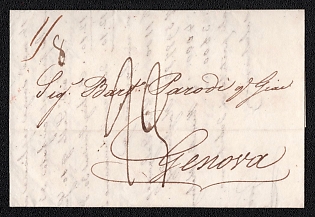 1836 (30 May) Pre-philatelic stampless international letter sheet from Palermo (Italy) to Genova (Italy), payment postmark handwritten rate on front "1/8", "22" and on reverse 23. Red two-line "PALERMO 1836 / 30 MAGGIO" origin postmark on reverse, red "6 GIU." transit cachet via Naples or the port of Livorno on reverse. Arrive in Genova June 13, 1836, red "13 GIUGNO" arrival cachet on reverse