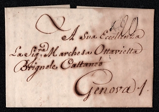 1782 (28 Aug) Pre-philatelic stampless international letter sheet from Paris (France) to Genova (Italy), payment postmark, black triangle cachet with "P" (Paid), handwritten rate probably "20"